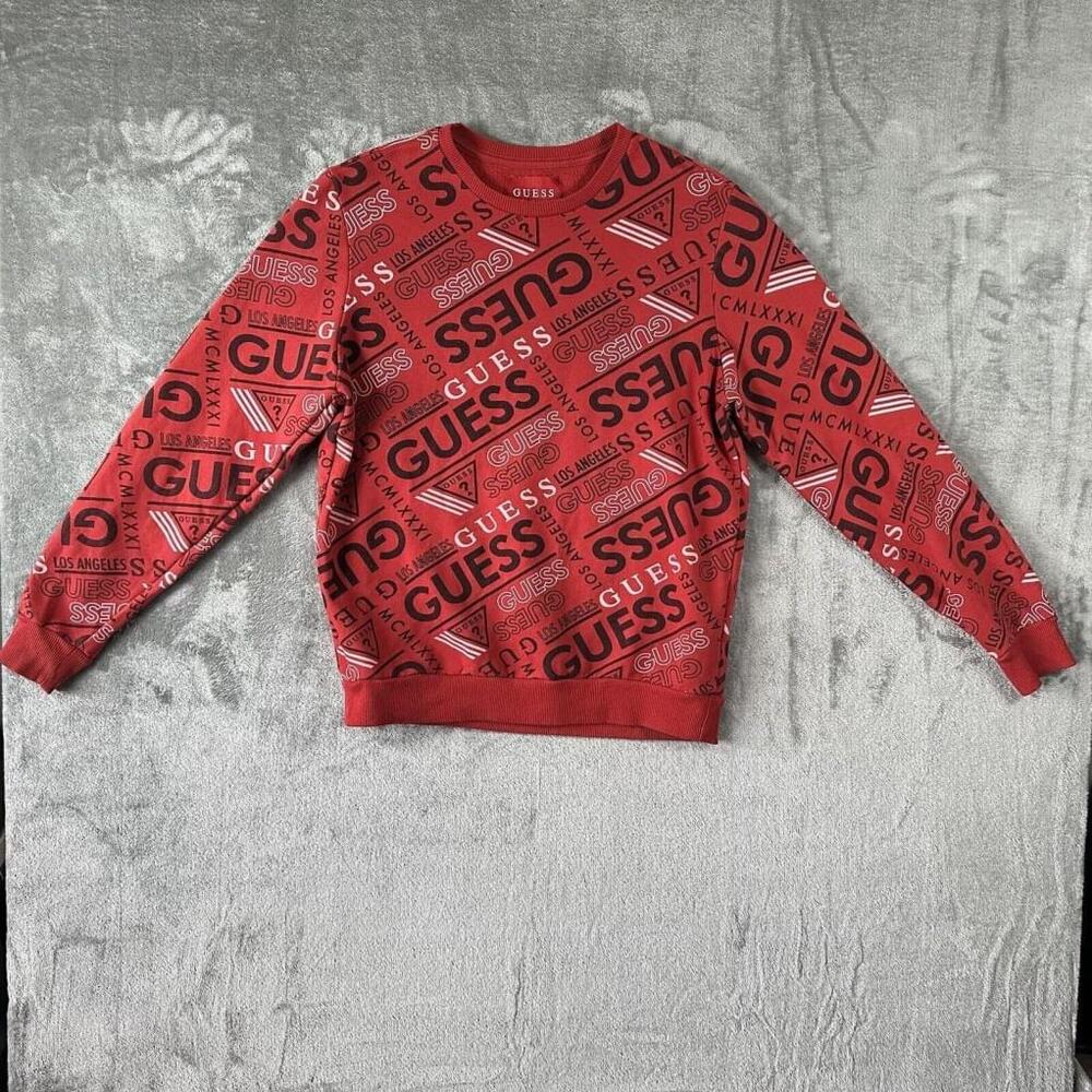 Guess Sweatshirt Womens Medium Red Crewneck Sweater Logo MCMLXXXI Pullover